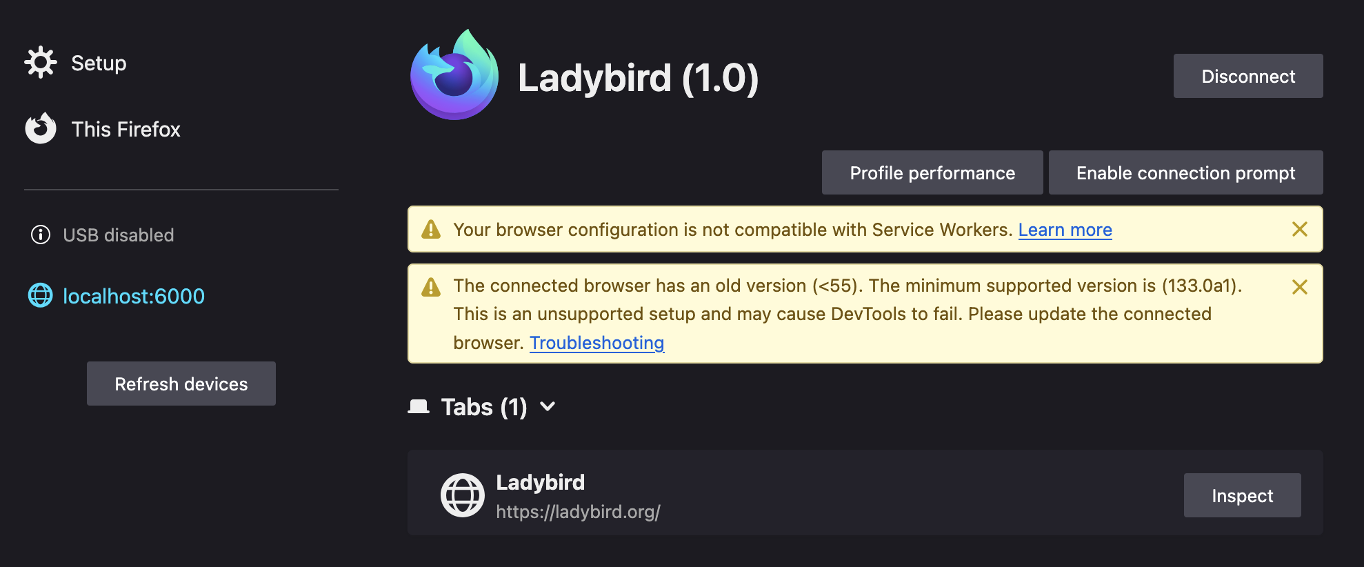 DevTools tab list
